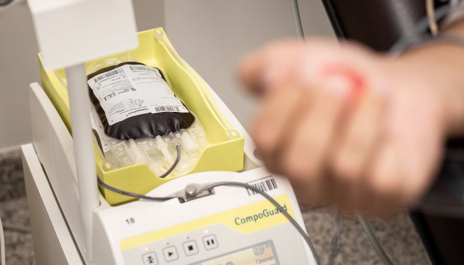 a imagem mostra uma pessoa doando sangue.